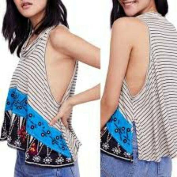 Free People NWT We The Free Ivory Striped Tank Top boho embelished striped sz S - Picture 4 of 8